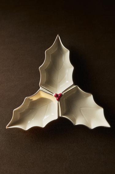 CHRISTMAS HOLLY STONEWARE TRIPLE BOWL - Cream by Zara