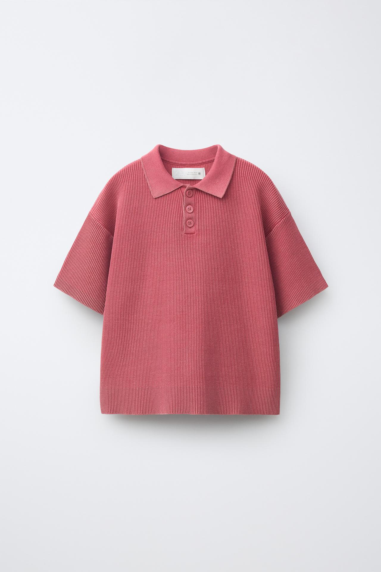 ACID WASH RIBBED POLO SHIRT — Strawberry