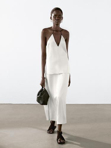 Zara Satin midi skirt with trims - Oyster-white