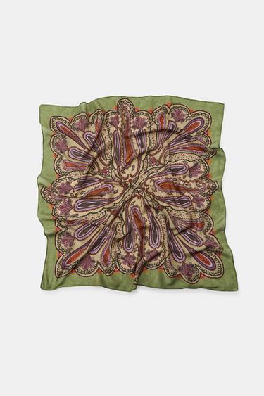 PAISLEY PRINT VISCOSE AND SILK SCARF - Green by Zara