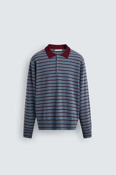 STRIPED WOOL BLEND KNIT POLO SHIRT - Faded blue by Zara