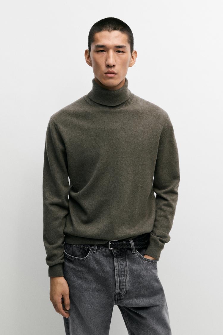 100% wool knit turtleneck sweater — Khaki marl
