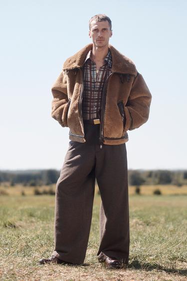 Zara CONTRAST SHEARLING LEATHER JACKET LIMITED EDITION - Brown