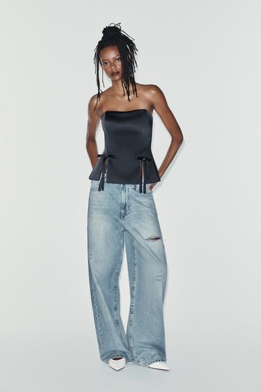 Zara SATIN OFF-THE-SHOULDER BOW TOP - Black