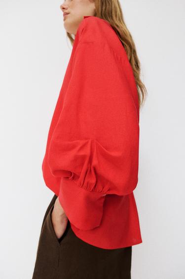 LINEN BLEND PUFF SLEEVE SHIRT - Red by Zara