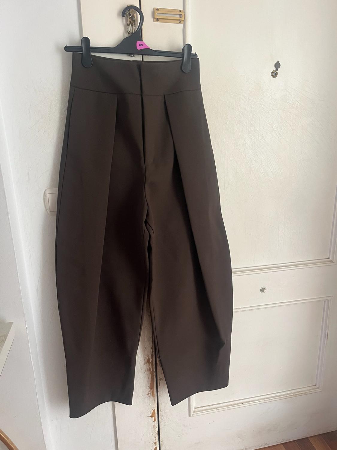 Dark brown wide-leg trousers with pleats hanging on a black hanger over a white door. Size XS label.