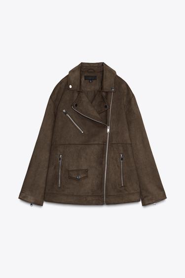 Zara FAUX SUEDE BIKER JACKET - Khaki