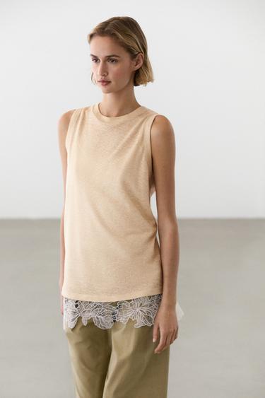 Top sin mangas detalle encaje - Marrón claro de Zara