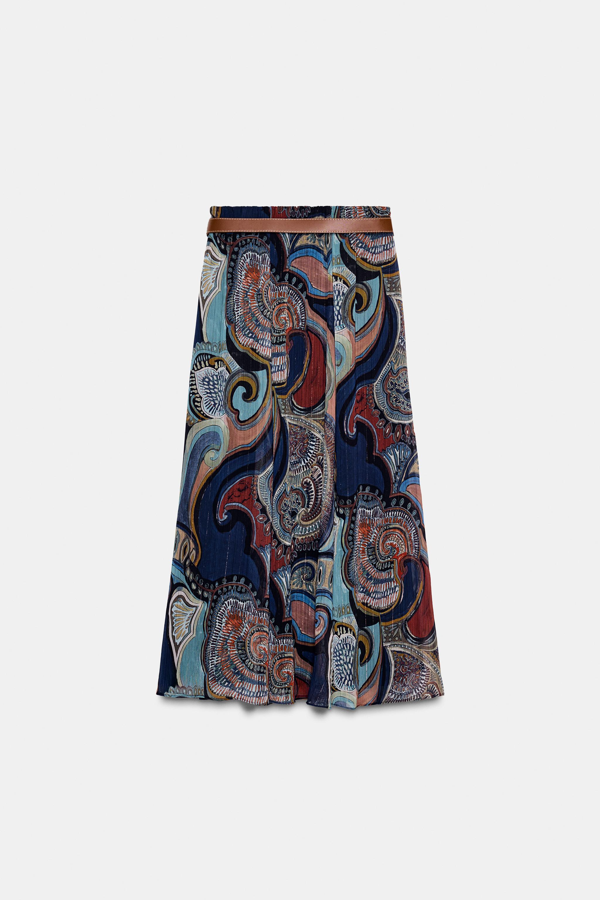 METALLIC THREAD PRINTED MIDI SKIRT WITH BELT