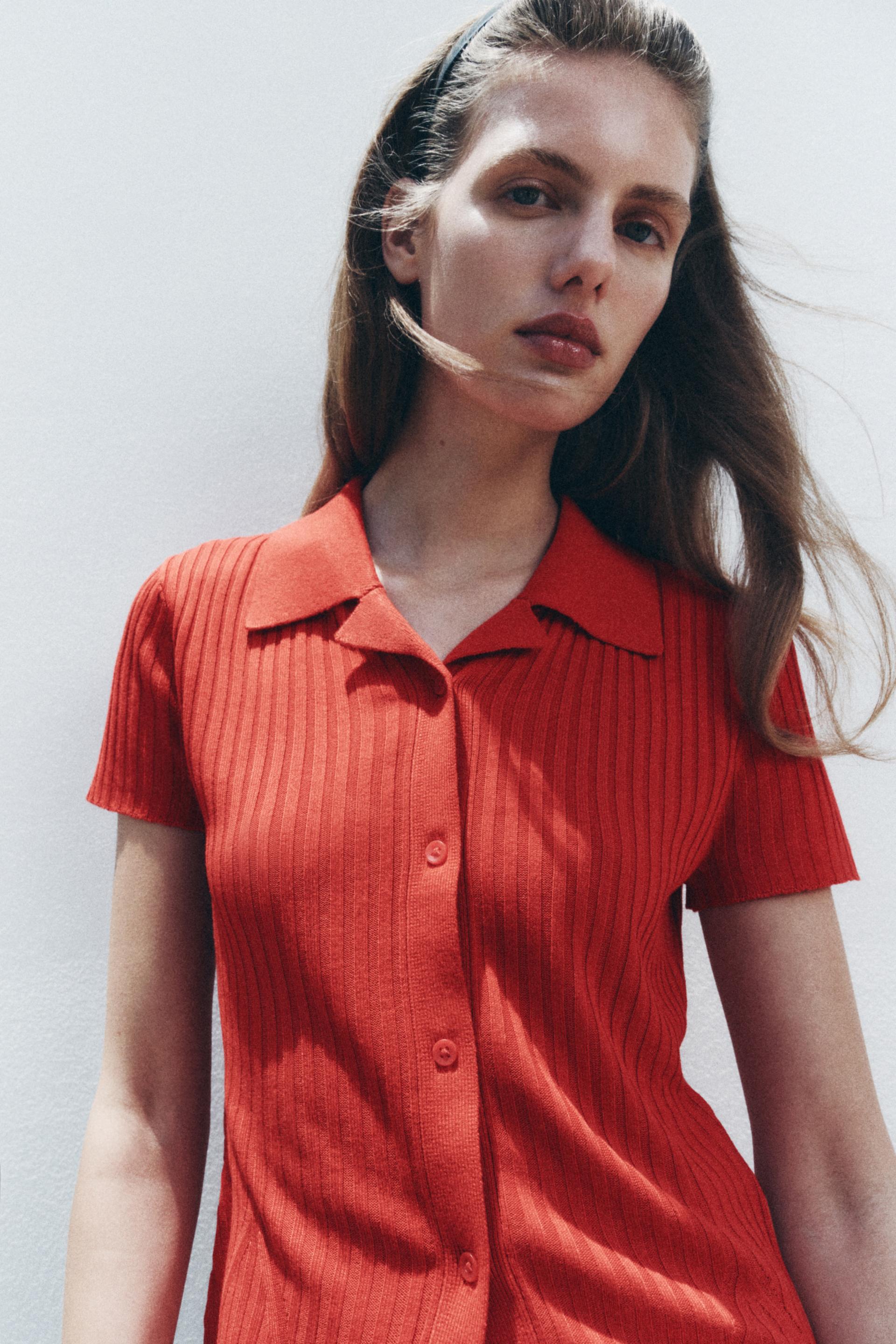 PLAIN RIBBED KNIT POLO SHIRT Red ZARA United Kingdom