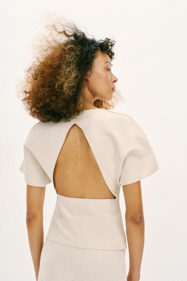 Zara SHORT SLEEVE CUT OUT TOP - Ecru