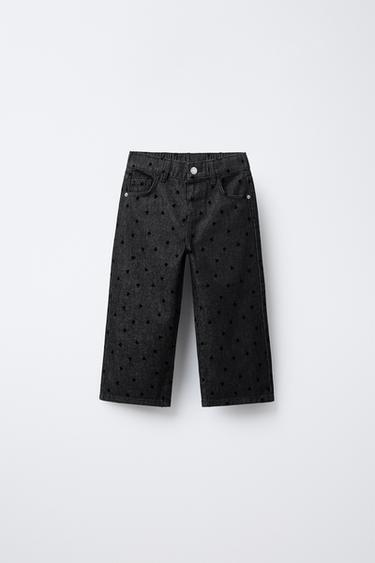 JEANS WIDE LEG CORAZONES FLOCK - Negro de Zara