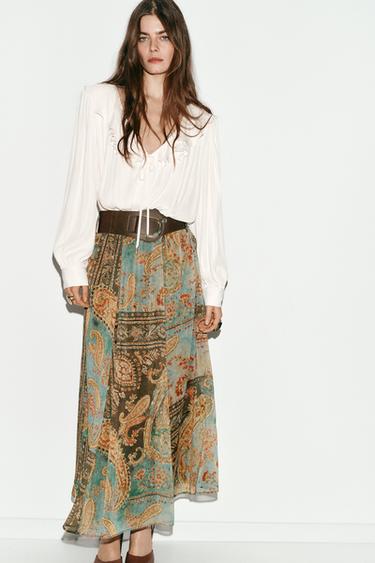 Zara PRINTED MIDI SKIRT WITH BELT - Multicolored