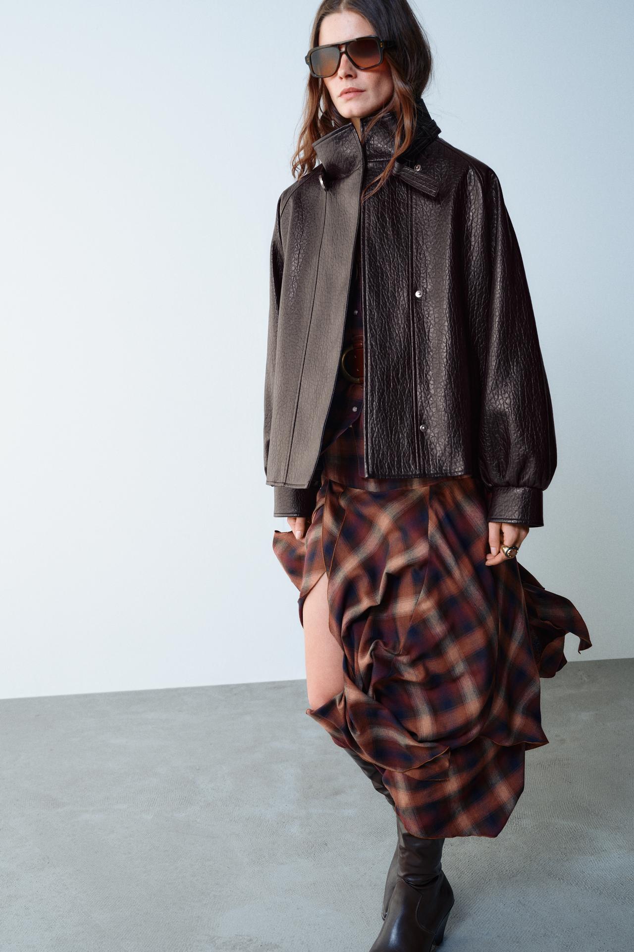BELTED FAUX LEATHER JACKET — Brown
