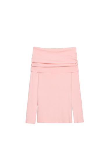 SWETER Z DZIANINY Z DEKOLTEM CARMEN - Jasnoróżowy Zara