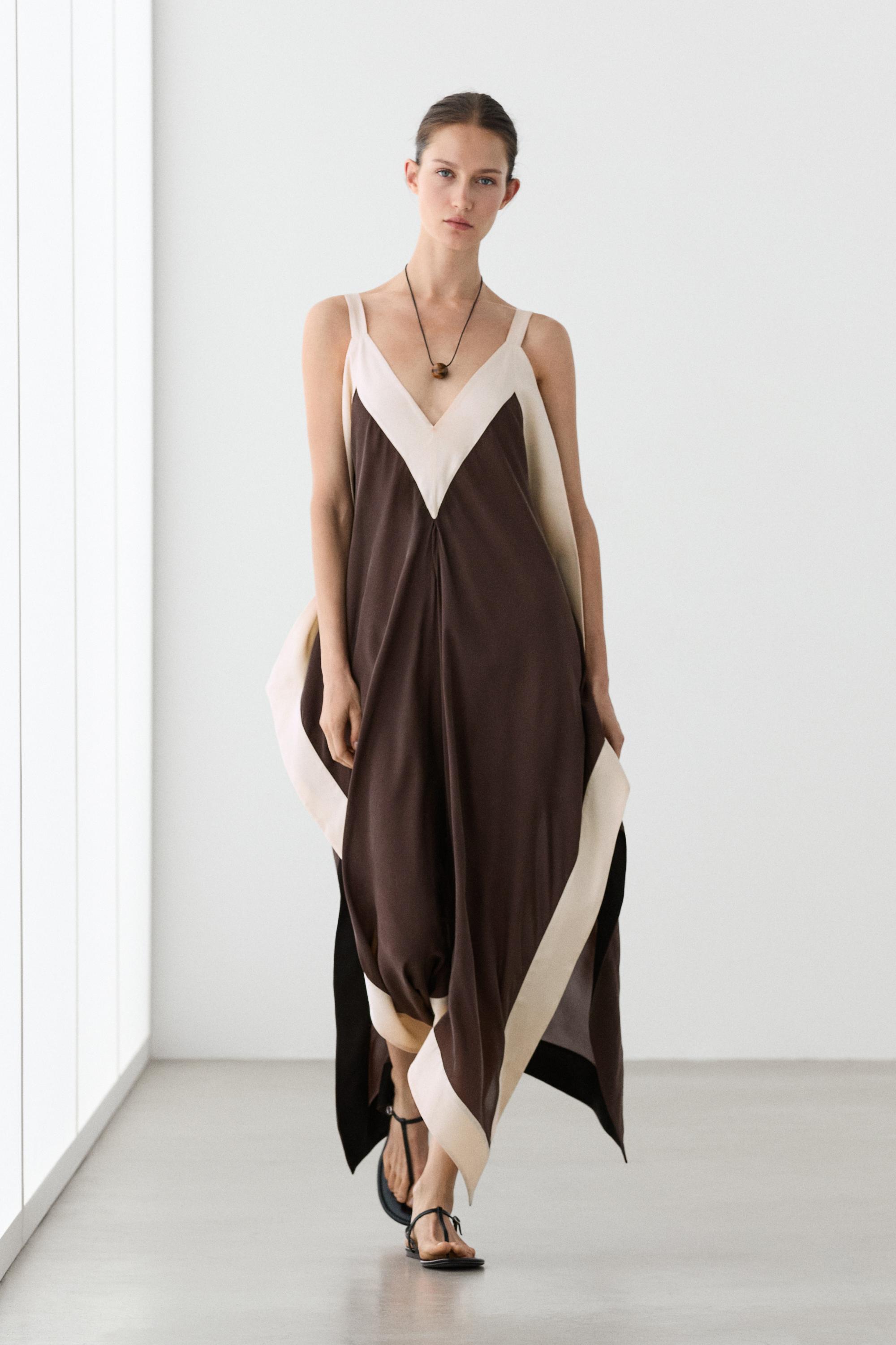 Flowing midi dress with contrast trim detail — Brown