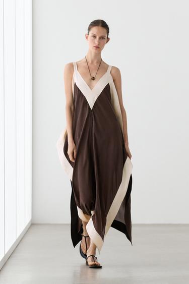 Zara Flowing midi dress with contrast trim detail - Brown - Image 0