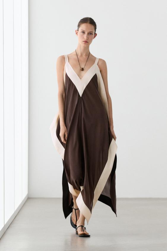 Zara Flowing midi dress with contrast trim detail - Brown - Image 0