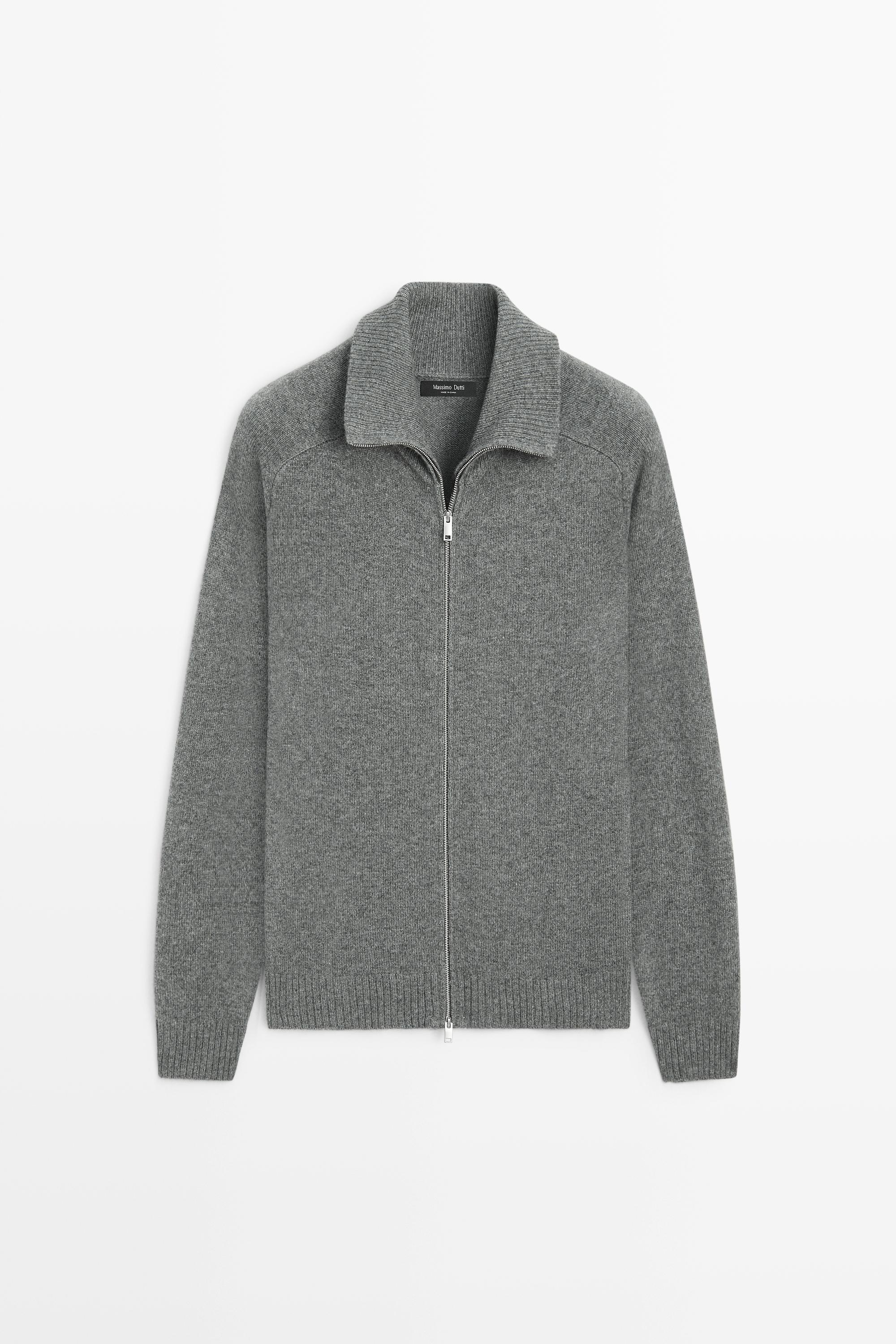 Wool blend zip-up knit cardigan