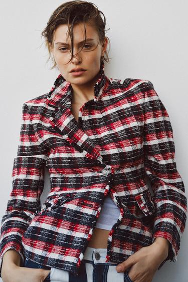 ZW COLLECTION CHECK PEPLUM BLAZER - Red by Zara