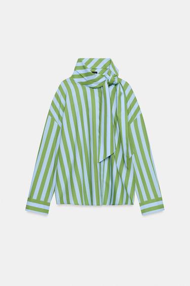STRIPED SHIRT WITH BOW - Green / Blue by Zara - Image 0