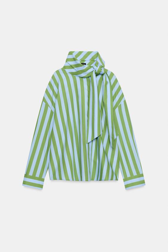STRIPED SHIRT WITH BOW - Green / Blue by Zara - Image 0