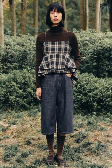 CHECKED TOP WITH RUFFLE TRIMS - Brown-Blue by Zara