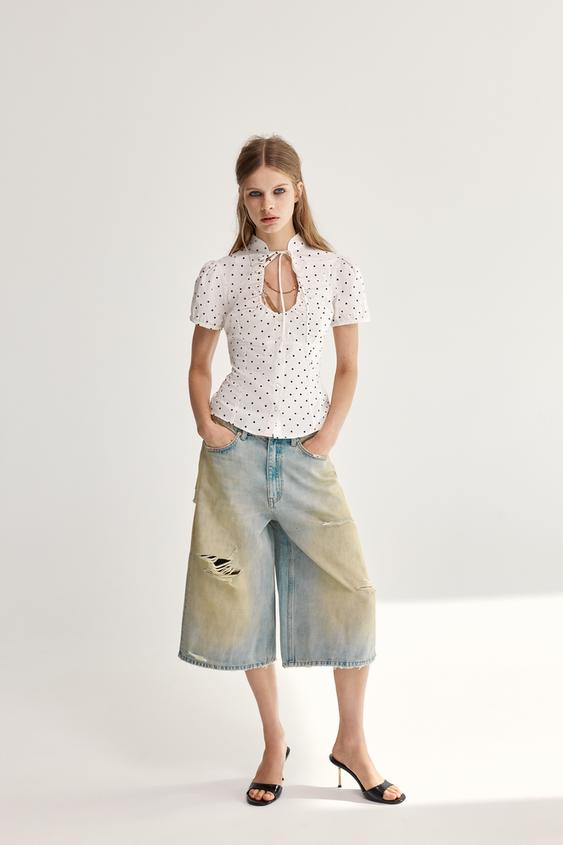 BERMUDA JORTS BAGGY DENIM TRF ROTOS - Azul lavado de Zara - Imagen 0