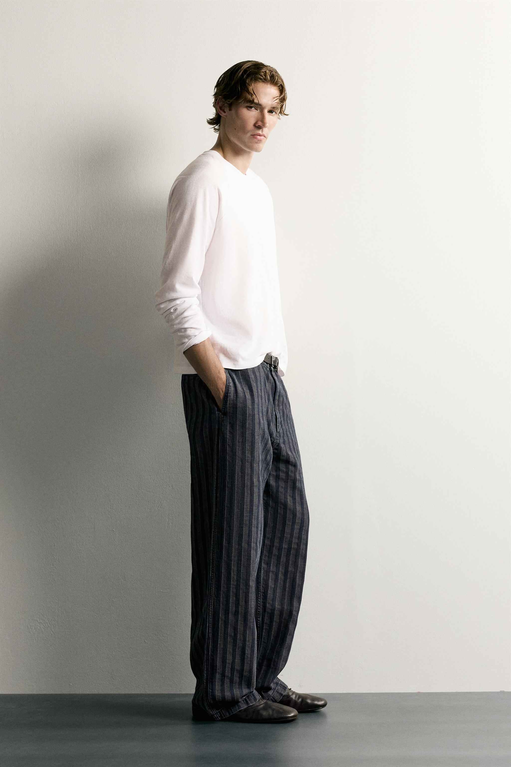 Мужские джинсы Zara STRIPED RELAXED-FIT CHINOS — фото 4