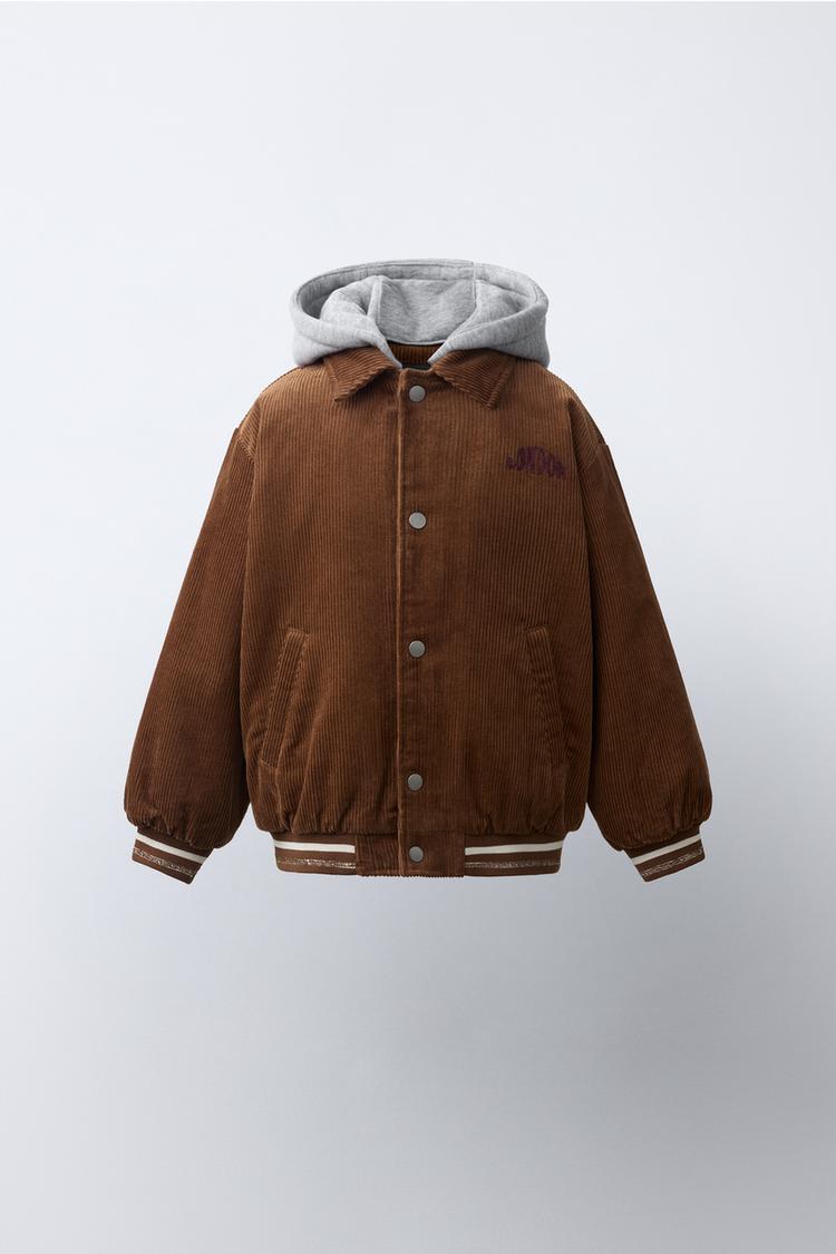 BOMBER JACKET WITH DETACHABLE HOOD — Brown