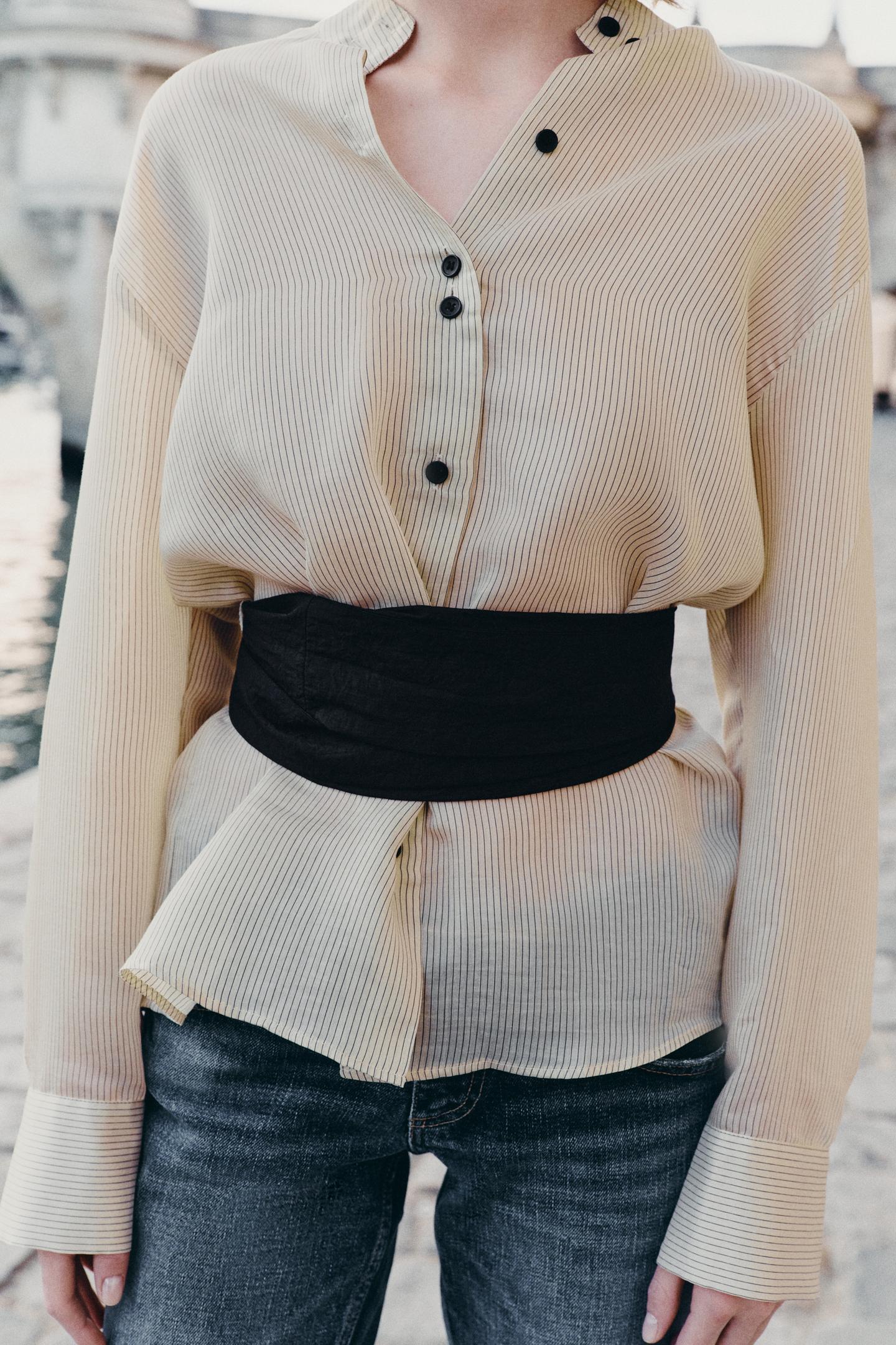 Женская рубашка Zara Striped Cummerbund Shirt ZW Collection, цвет: Чёрный / Экрю — фото 2