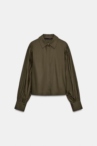 Zara ZW COLLECTION PUFF SLEEVE POPLIN SHIRT - Khaki