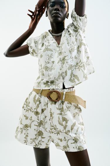 PRINTED BERMUDA SHORTS WITH PERFORATED EMBROIDERY - ecru/khaki by Zara