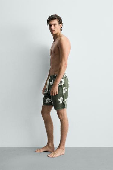 HIBISCUS PRINT LONG SWIM SHORTS - Billiard green by Zara - Image 4