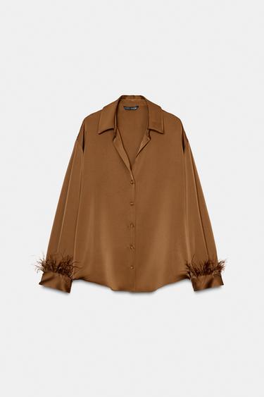 BLUSA SATINADA PLUMAS - Caramelo de Zara