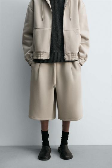Zara NEOPRENE EFFECT PLEATED LONG BERMUDA SHORTS - Stone
