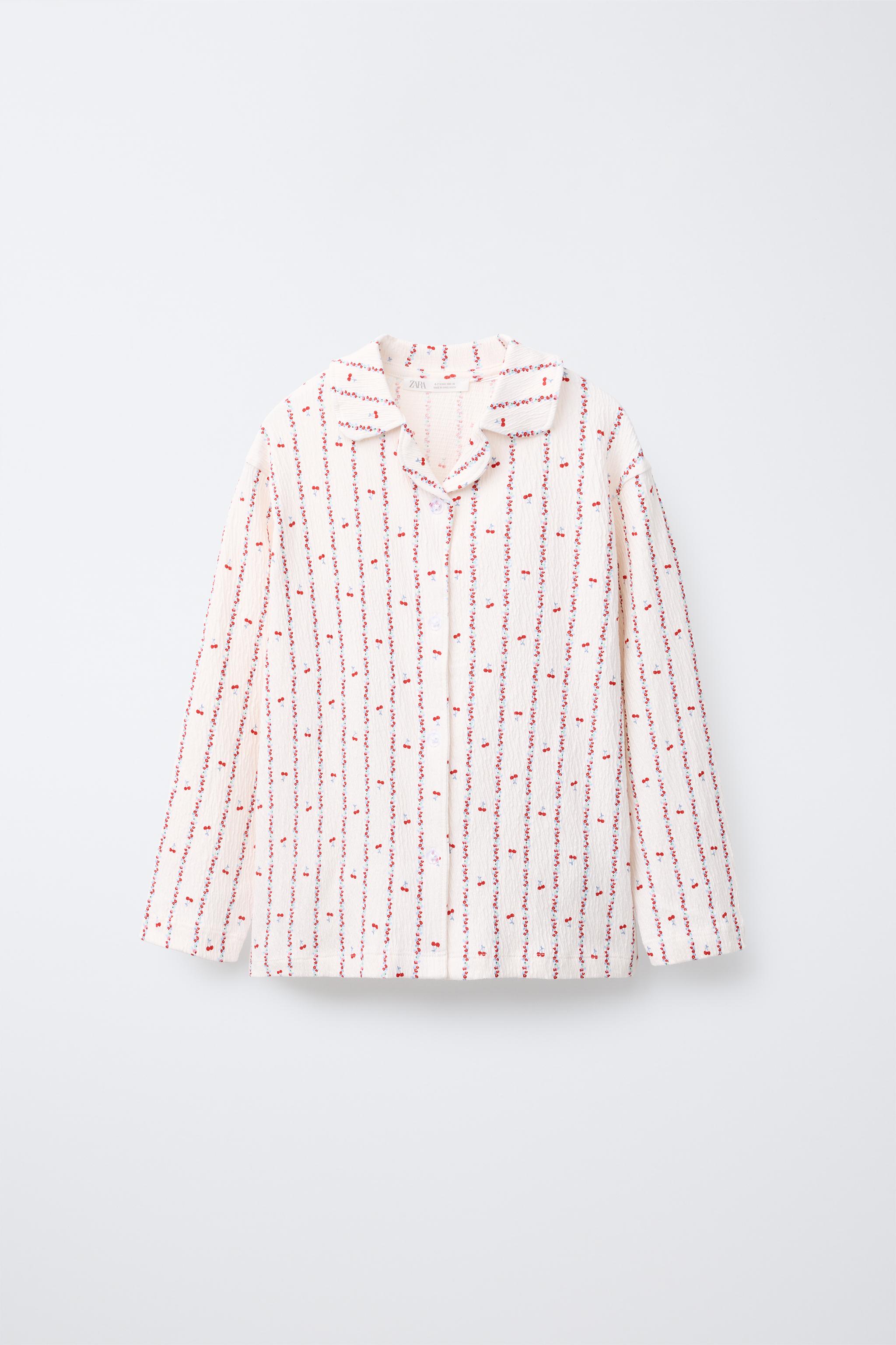 6-14 ANOS/ PIJAMA CAMISA E CALÇA ESTAMPADO CEREJAS E FLORES - Cru