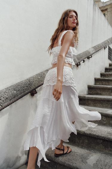 JUPE MI-LONGUE ASYMÉTRIQUE BRODÉE - Blanc de Zara - Image 4