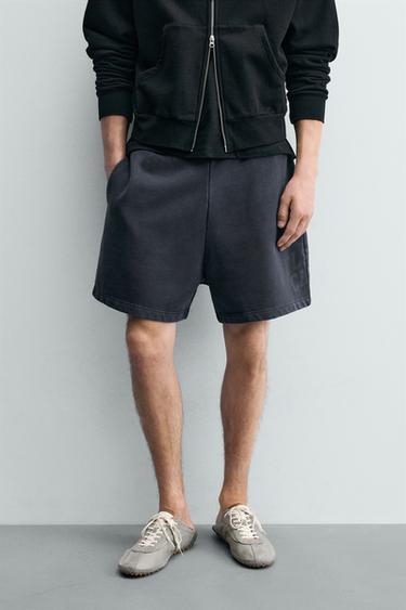 Zara 水洗文字印花慢跑短褲 - 海藍色