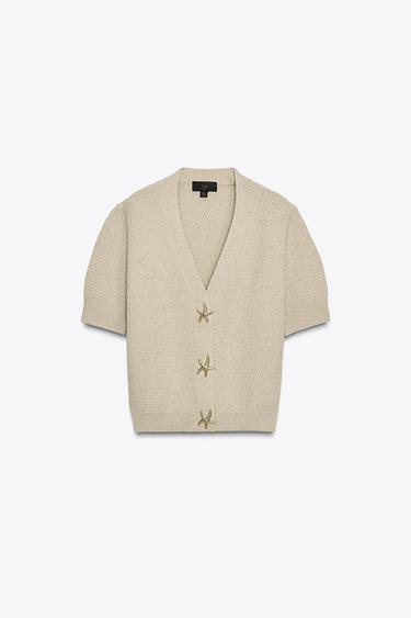 Zara STAR BUTTON TEXTURED KNIT CARDIGAN - Sand