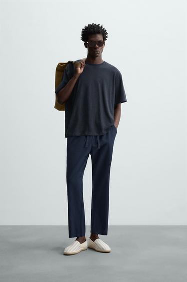 CAMISETA LINO - ALGODÓN - Marino de Zara