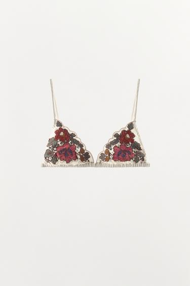 حمالة صدر مثلثة بتطريزات وترتر - أبيض مكسور by Zara