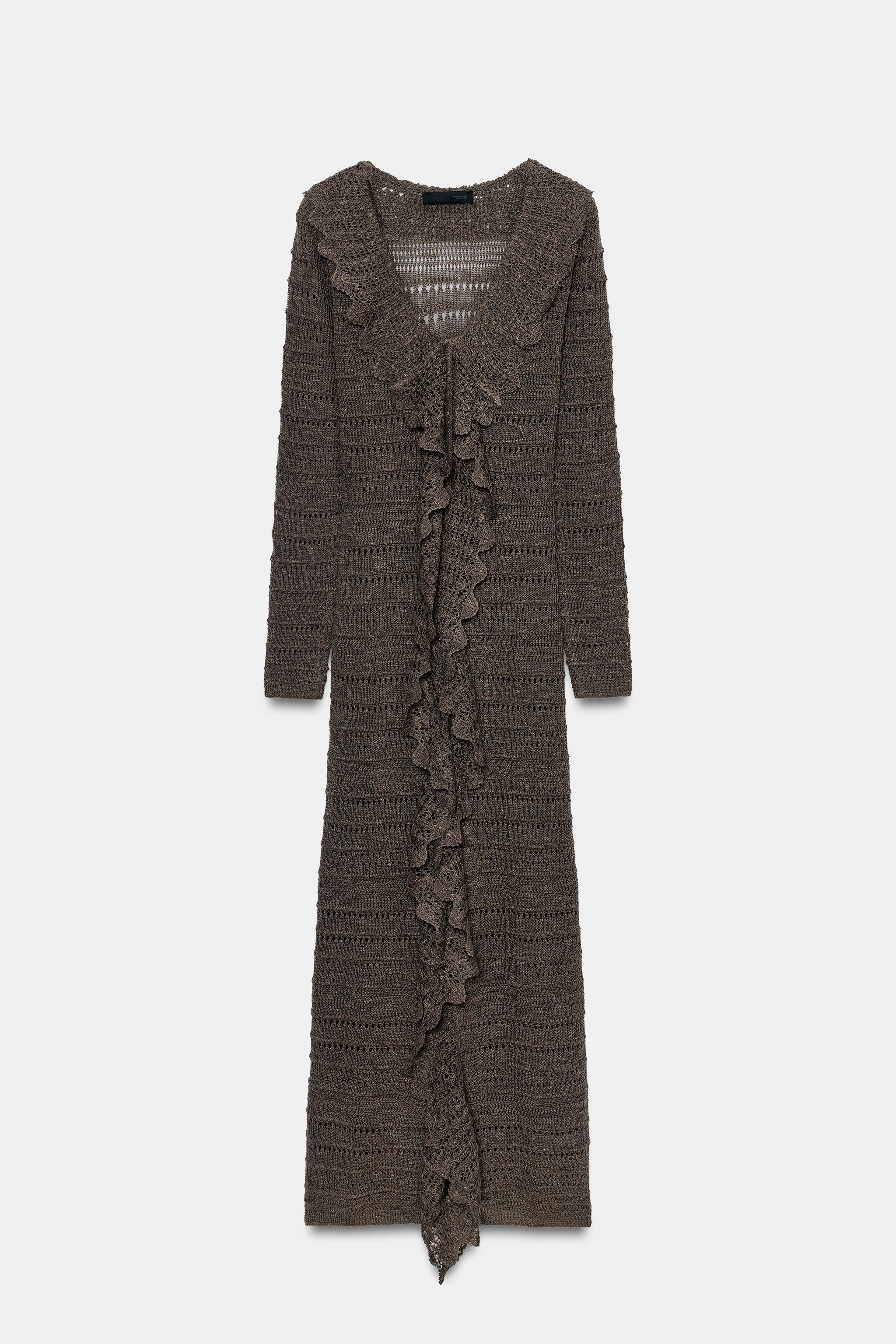 POINTELLE KNIT RUFFLED DRESS - Brown / Taupe | ZARA United States POINTELLE KNIT RUFFLED DRESS - Brown / Taupe | ZARA United States