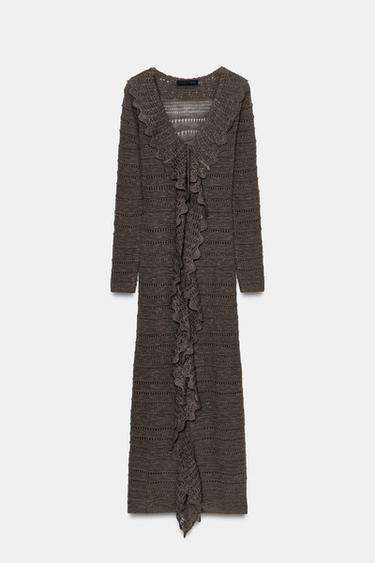 ROBE EN MAILLE POINTELLE À VOLANTS - Marron / Taupe de Zara - Image 6