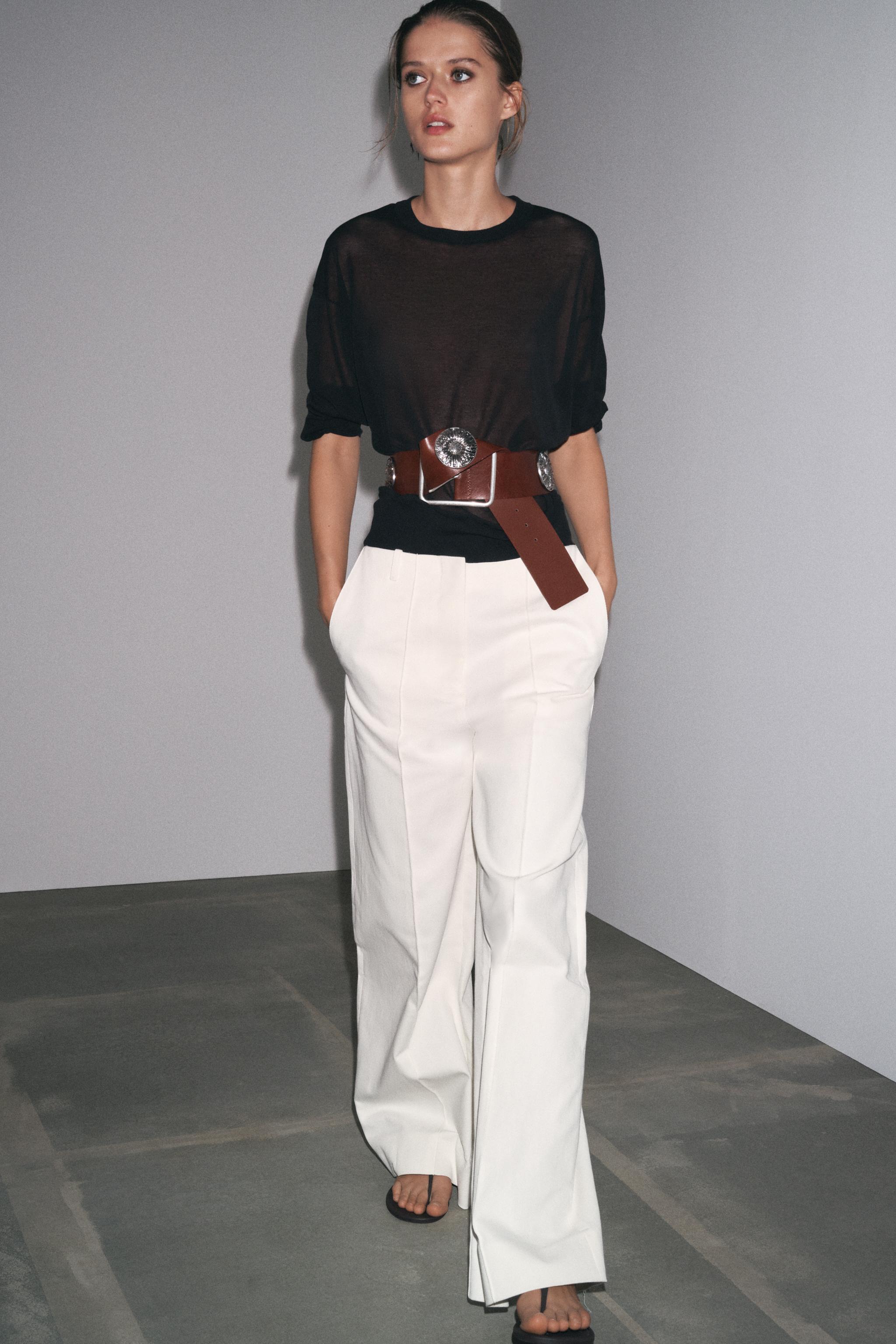 パンツ OFF WHITE Women Straight Pants 25POWYA06AC99DEN002 1000 BLAC Malibu Belted Ponte High Waist Wide Leg Trouser Pant Off