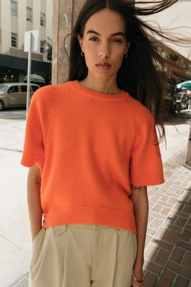 TRICOT TRUI MET KORTE MOUWEN - Oranje van Zara