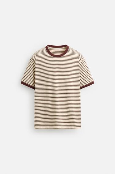 Zara CONTRAST RIB STRIPE T-SHIRT - Ecru / Maroon - Image 0