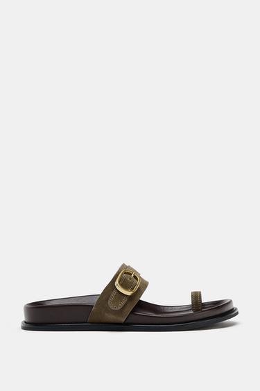 FLAT SANDALS WITH METAL DETAIL - Khaki Green by Zara - Image 0