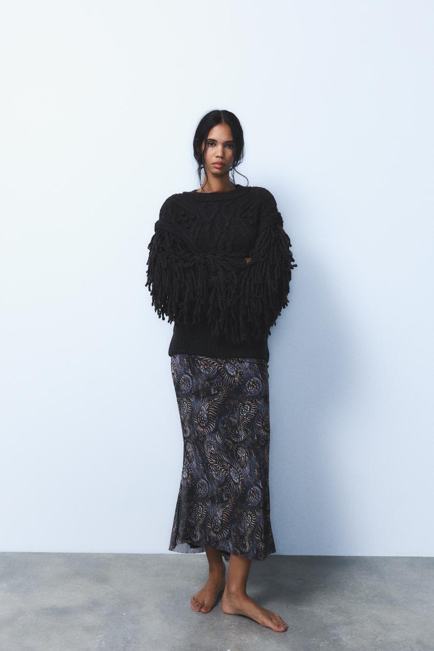 プリントチュールミディ丈スカート - ブルー／ブラック | ZARA Japan  