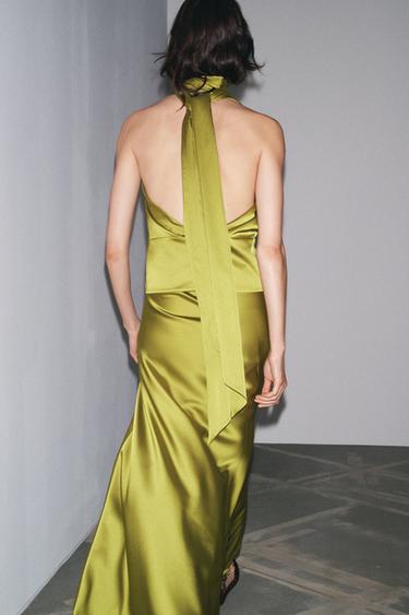 Zara SATIN MIDI SKIRT - Olive green